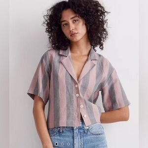 Madewell 100% Linen Resort Shirt in Springy Stripe Pink Gray Large -Sold Out
